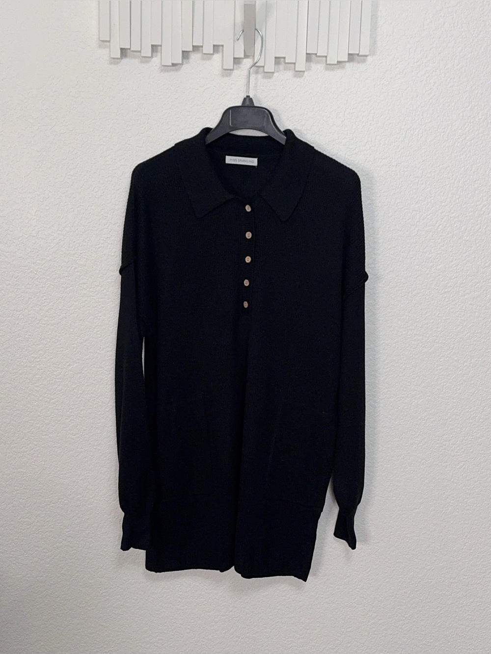 Miss Sparkling Black Collared Sweater Dress Henley Button Long Sleeve Pocket Min